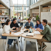 Students gathered around a modular collaborative study table with white legs in a campus common area.