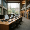 A close-up perspective of a double-sided, contemporary library computer table in a university library, with multiple desktop computers, keyboards, and mice neatly arranged on a warm wood surface, separated by a low central divider.