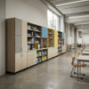 Custom Wood Educational Furniture and Classroom Storage Cabinets with colorful modular doors and open shelving in a contemporary school