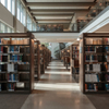 Commercial library furniture and open-concept bookcases arranged in a contemporary academic study hall