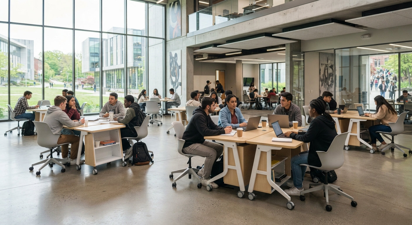 Collaborative lecture and discussion space in a university with mobile student desks and ergonomic seating configured for group teamwork and active learning.