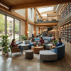 Ergonomic library lounge seating with blue and brown armchairs for higher education common areas.