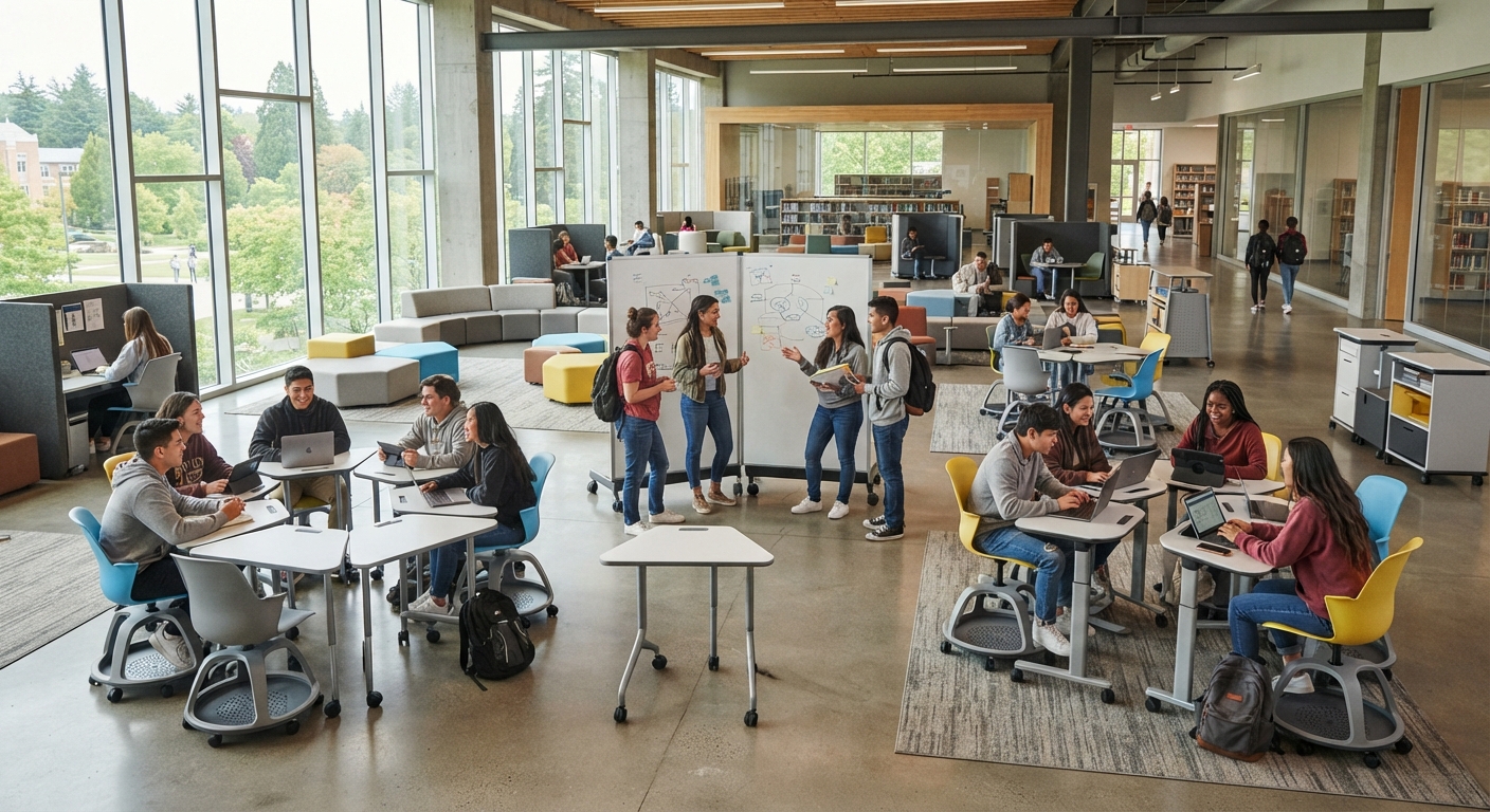 University students smiling and engaged in a group discussion around a modular, height-adjustable collaborative desk, illustrating a flexible learning environment.