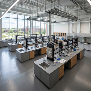 Modern modular central island benches with black epoxy countertops and open storage in an active university research lab