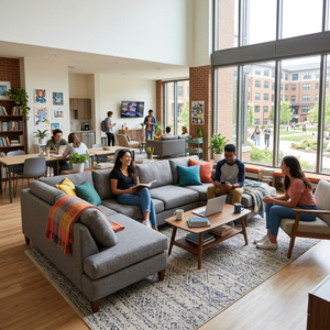 Commercial dormitory common area furniture featuring a spacious grey U-shaped sectional sofa next to large floor-to-ceiling windows