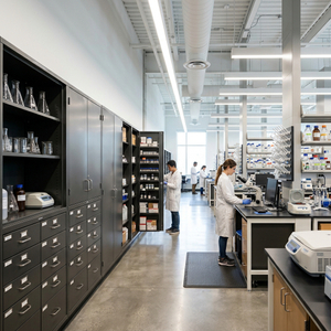 Heavy-duty dark grey laboratory storage cabinets with drawers in a modern research facility