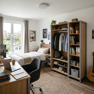 Spacious two-door university bedroom armoire with internal clothing rail, lower storage cabinet, and side hooks