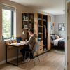 Space-saving dorm furniture system featuring an integrated student study desk with overhead hutch and double-door wardrobe with full-length mirror