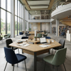 Hexagonal wooden study desks equipped with central power hubs in a multi-level university library.