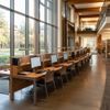 A long, linear row of custom-designed library computer workstations in a bright, sunlit atrium, featuring warm wood finishes, integrated lamps, power modules, and gray mesh chairs, with a curved concrete pathway and bookshelves in the background.