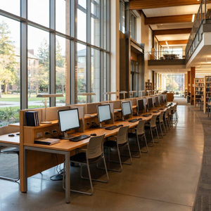 A long, linear row of custom-designed library computer workstations in a bright, sunlit atrium, featuring warm wood finishes, integrated lamps, power modules, and gray mesh chairs, with a curved concrete pathway and bookshelves in the background.