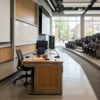 Podium for Higher Education featuring a clean wooden finish and laptop setup at the front of a tiered lecture theater