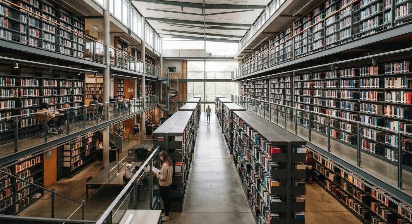 High-capacity university bookcases and library storage solutions in a multi-story campus library architecture