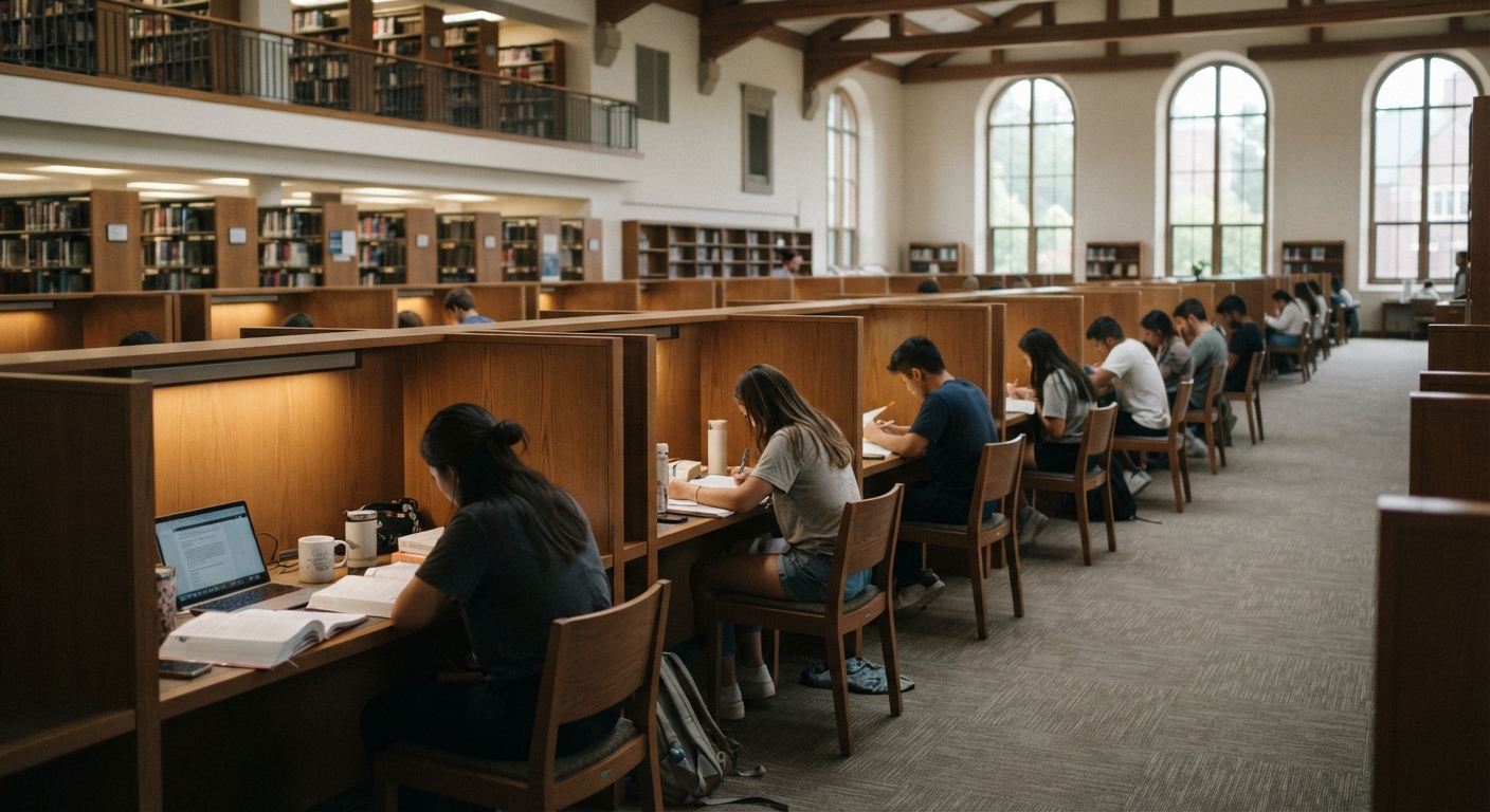 Ergonomic library carrel desk featuring individual study spaces and task lighting for students