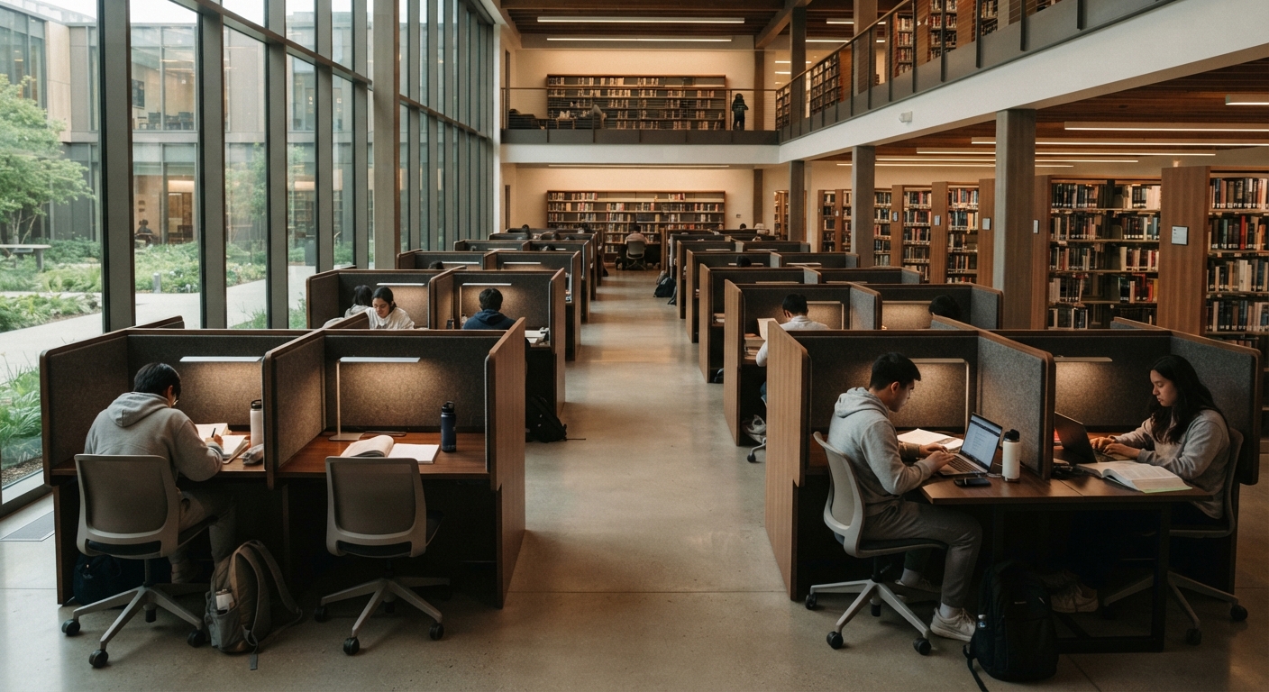 Symmetrical view down a main aisle of a modern library, flanked by neat rows of illuminated privacy study tables. Focused students are seated in ergonomic chairs within the wood-and-grey carrels, studying with laptops and books, with multi-level bookshelves in the background.