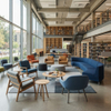 Bright university library space featuring blue curved modular lounge seating and study tables.