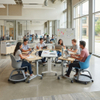 An overview of a bustling, tech-enabled active learning classroom with various group configurations using modular mobile desks and ergonomic seating.
