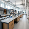 Heavy-duty double sided workbench setups with oak cabinets and power sockets in a higher education chemistry laboratory