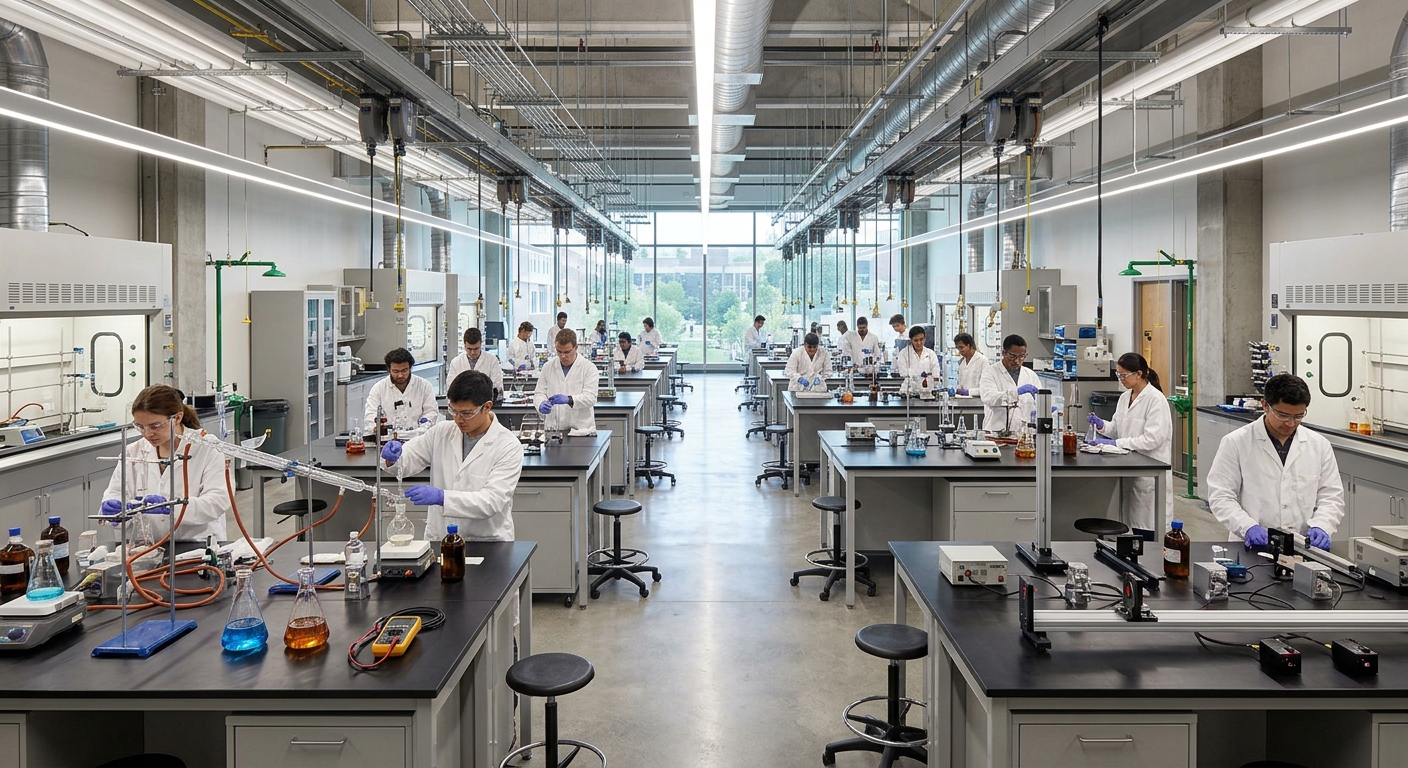 Heavy-duty physics lab benches and precision workstations equipped for advanced student experiments
