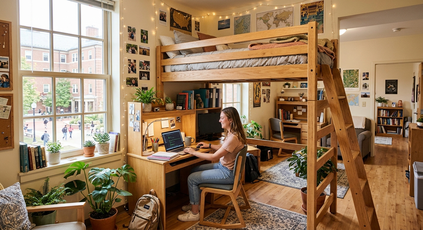 Commercial grade university loft bed with desk workstation and rolling storage cabinet