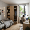Modern wooden student closet with multi-tier storage compartments in shared university residence hall