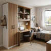 Integrated student desk and wardrobe unit with grey steel frame, natural wood finishes, overhead bookshelves, and mobile pedestal in a university dormitory room
