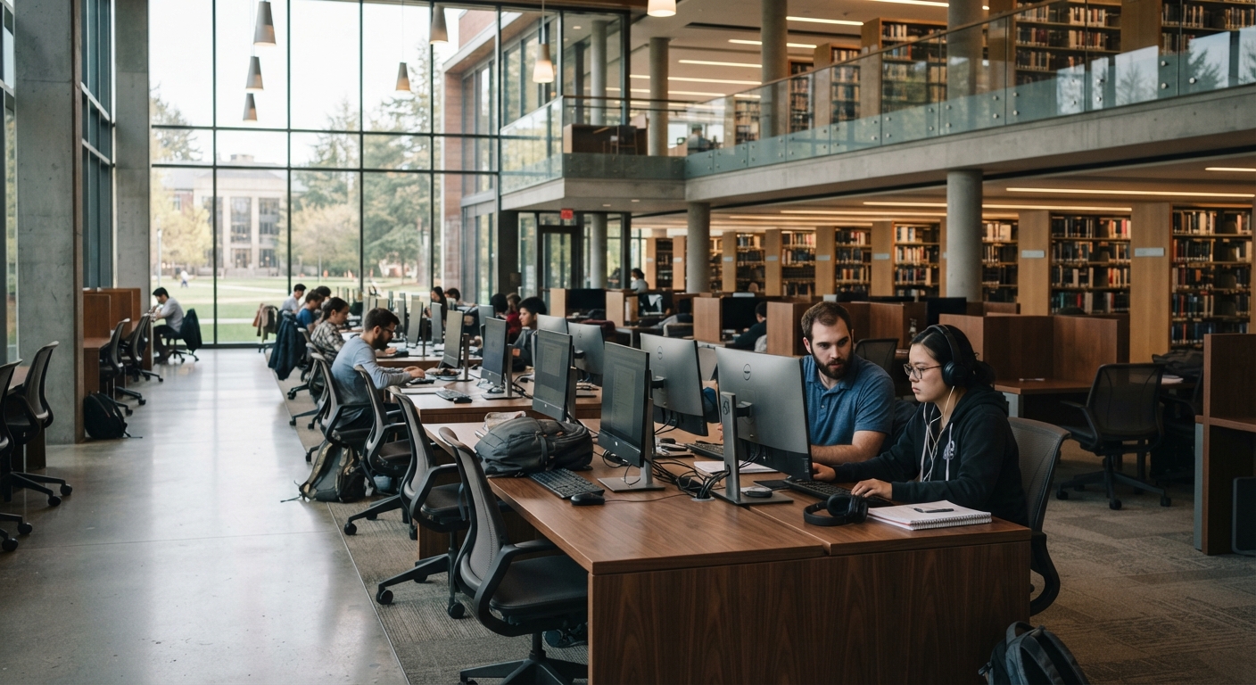 A busy, open-plan academic library with students seated at wooden communal computer desks, collaborating and studying; a man and a woman in the foreground are focused on dual monitors, with bookshelves visible on an upper level in the background.