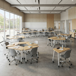 Modular collaborative school desks and mobile study desks configured in multi-modal group pods for higher education classrooms