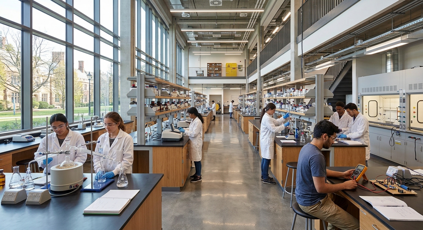 Chemical resistant lab bench with integrated sinks and safety equipment for university biochemistry and chemistry classes