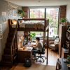 Steel and wood university residence bed with desk workstation and side storage shelf
