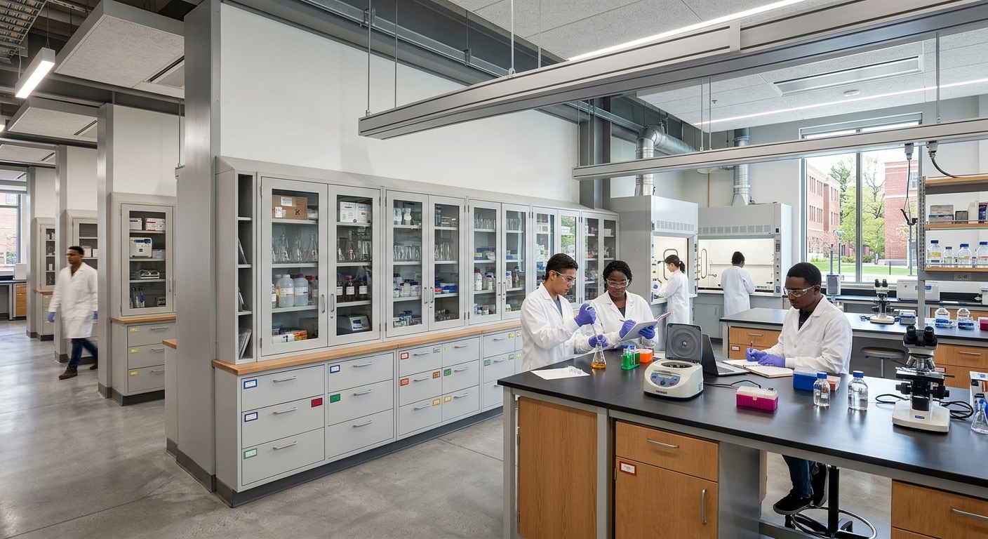 Modular chemical storage cabinets and upper glass wall units in an open-plan university laboratory