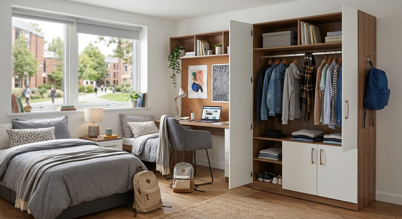 Modular dormitory wardrobe with white doors and steel-framed dark wood structure in modern student suite