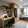 Modern student bedroom furniture setup with a black-framed integrated desk and wardrobe, overhead wall shelving, and workstation in a campus studio apartment