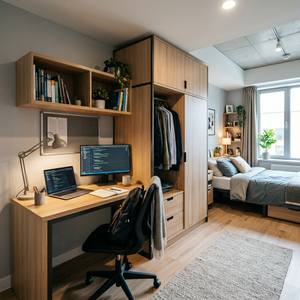 Modern student bedroom furniture setup with a black-framed integrated desk and wardrobe, overhead wall shelving, and workstation in a campus studio apartment