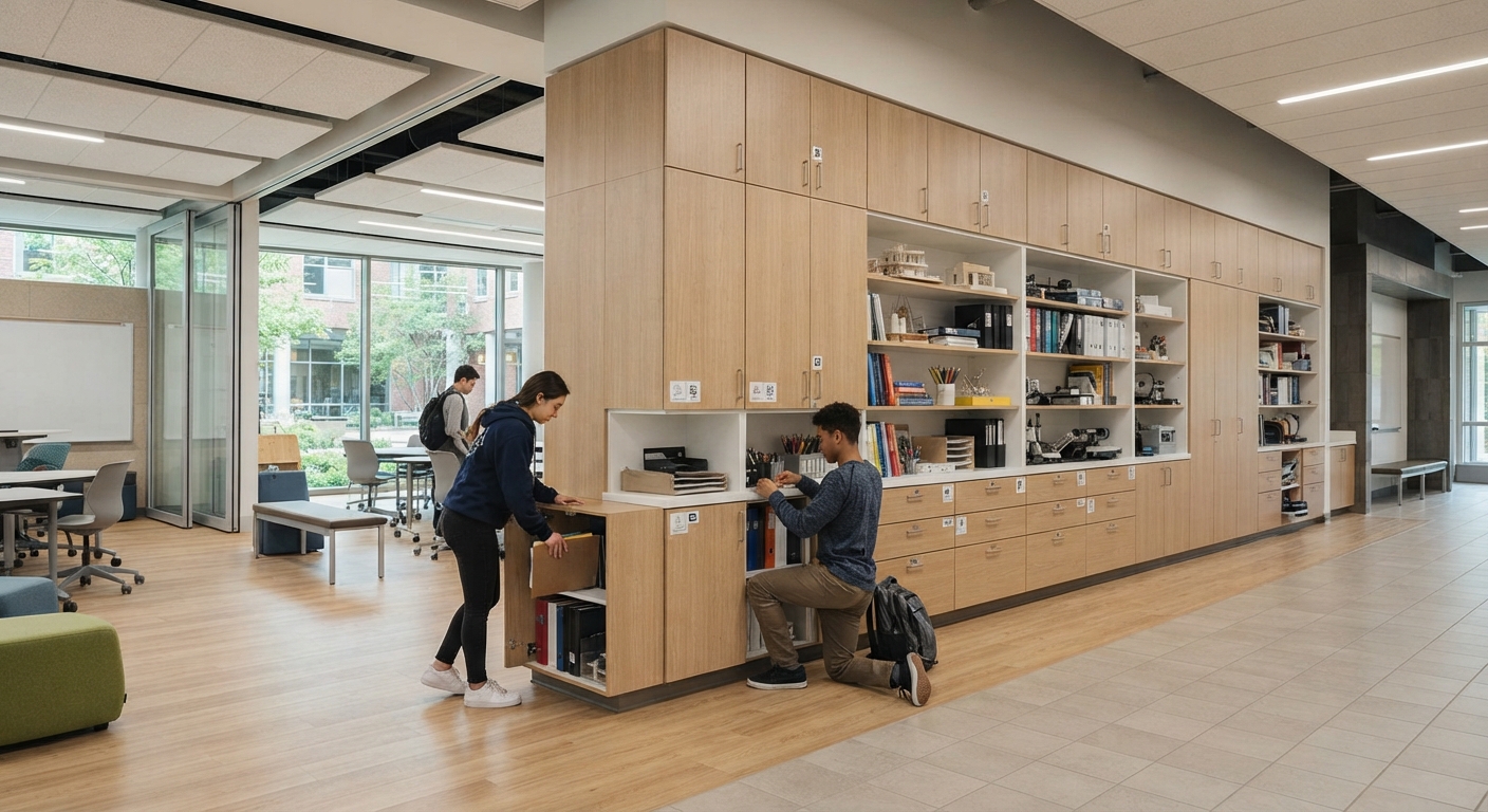 Students utilizing Custom Classroom Storage Cabinets with modular school furniture configurations in an open educational hallway