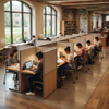 Modern academic library featuring rows of acoustic modular study carrels with integrated lighting, occupied by focused university students using laptops and notebooks near large arched windows.