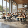 Students collaborating around modern circular discussion tables in a spacious university open learning commons area