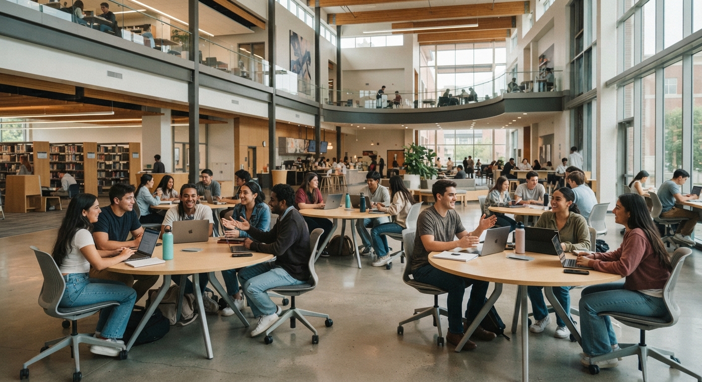 High-quality wood-top circular discussion tables with multi-user laptop hubs for university campus common spaces and study rooms