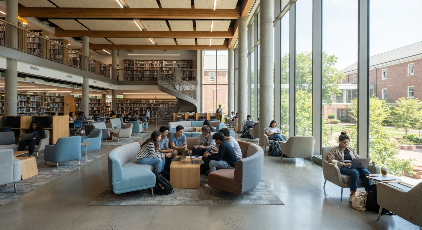 Modern library lounge seating with blue armchairs and grey curved modular sofas for student collaboration.