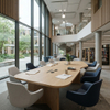 Organic-shaped wooden learning commons table surrounded by blue armchairs in a modern university library.