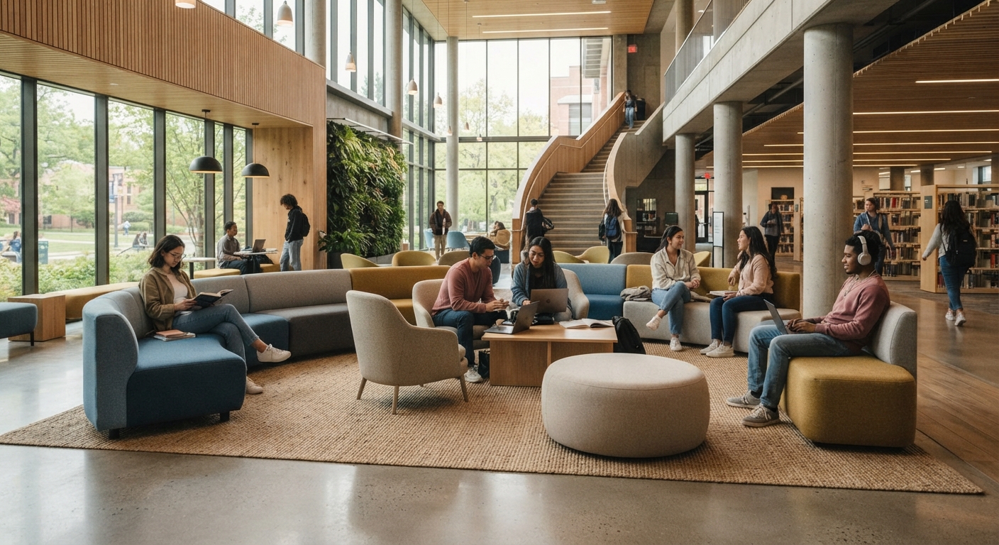 Student collaboration hub with modern curved modular soft seating in blue and yellow, centered around a coffee table near a green wall.
