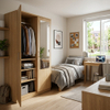 Modern natural oak student housing wardrobe with open shelves and shoe rack in university dorm room