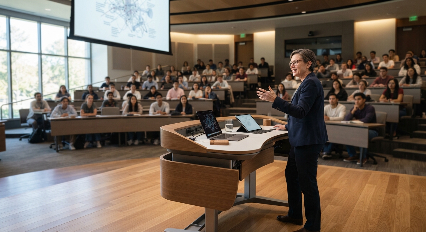 Teacher Desk Wooden Podium University Lecture Hall Furniture - Professor presenting in front of students in a modern tiered auditorium