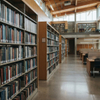 Close-up view of wooden library shelves with open-concept bookcase storage function for higher education spaces