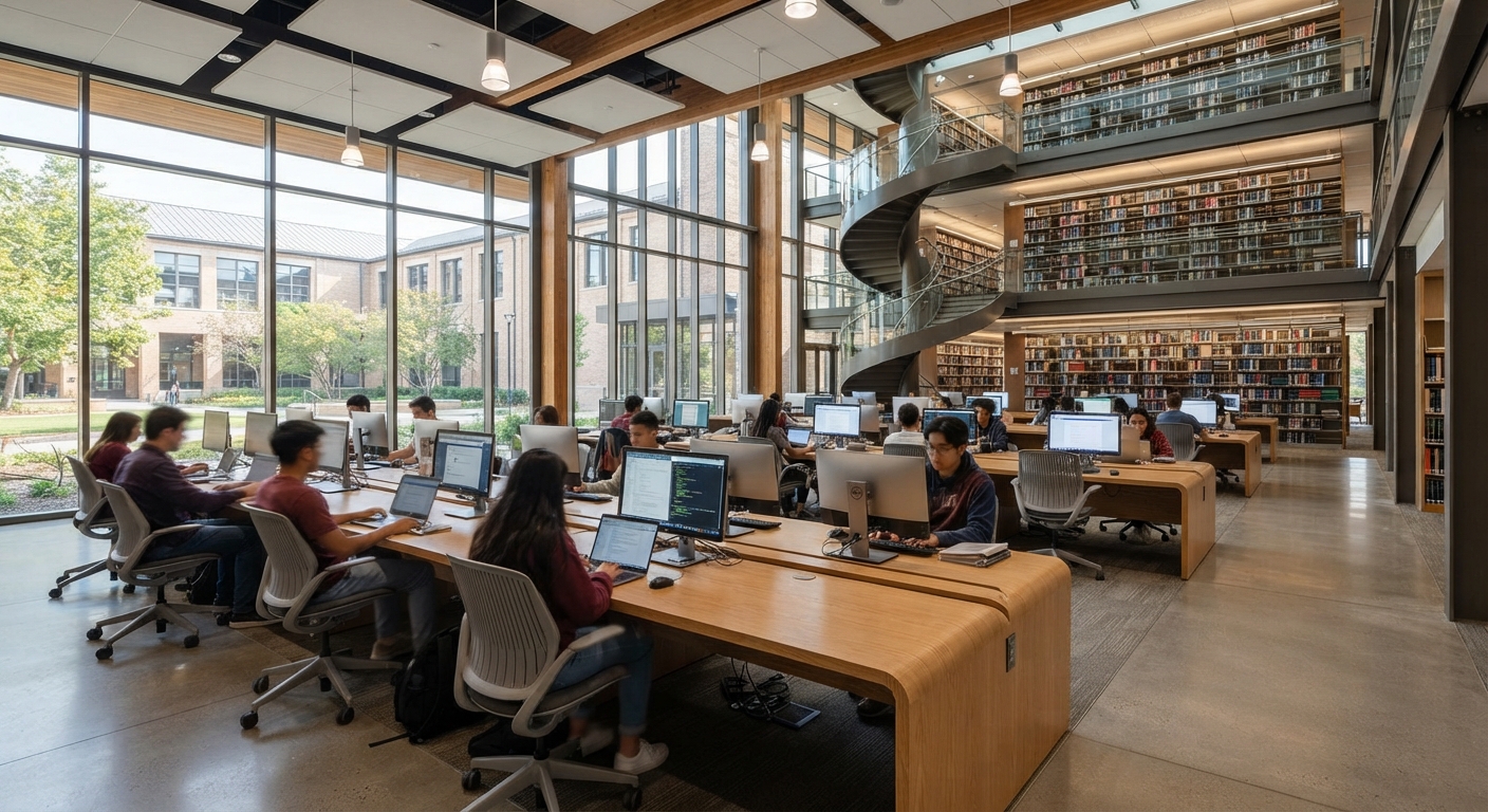 A wide-angle view of a modern, multi-story university library with a dramatic spiral staircase, showing numerous students working on laptops and desktop computers at long wooden communal workstations on the main floor.