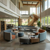 Vibrant campus lounge with flexible modular soft seating configurations, promoting group work and relaxation in a modern architectural setting.