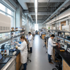 Modern chemistry lab benches with chemical-resistant epoxy tops and integrated utilities in a university research facility