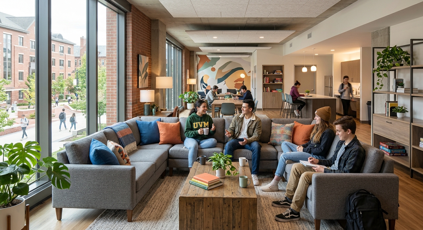 Modern modular U-shaped lounge seating in a university dormitory common area with high ceilings and natural lighting