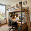 Modern wooden loft bed with built-in desk and ladder in spacious student apartment