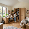 Wooden student housing armoire with full-length dressing mirror and open storage shelves in student apartment
